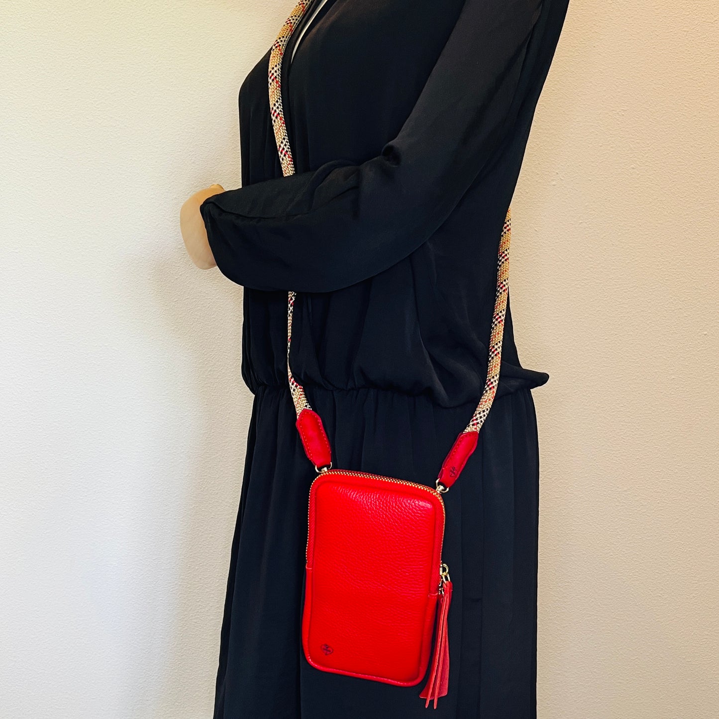 Small leather bag with handmade tartan strap -