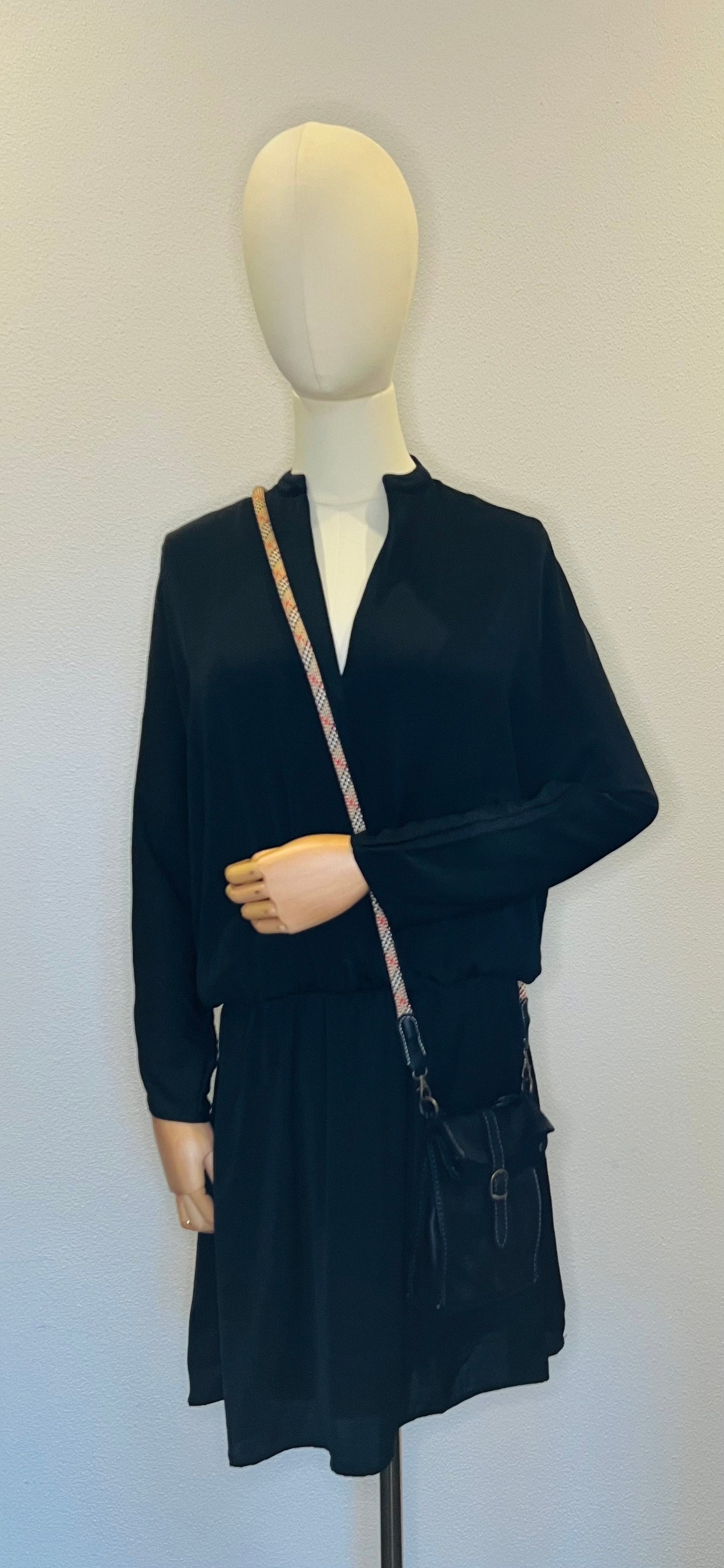 Kleine leren tas met handgemaakte tartan band - zwart