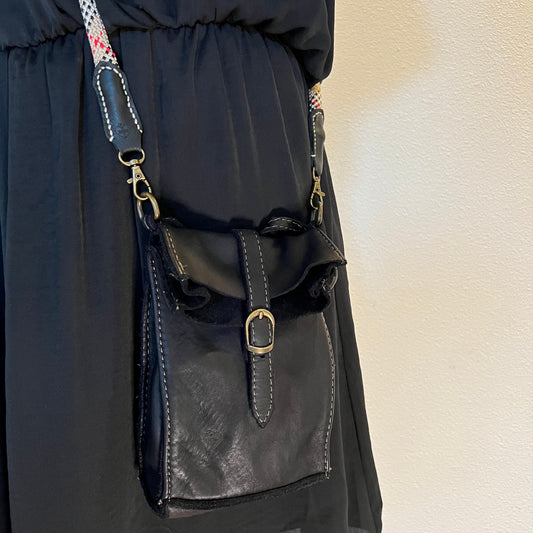 Kleine leren tas met handgemaakte tartan band - zwart