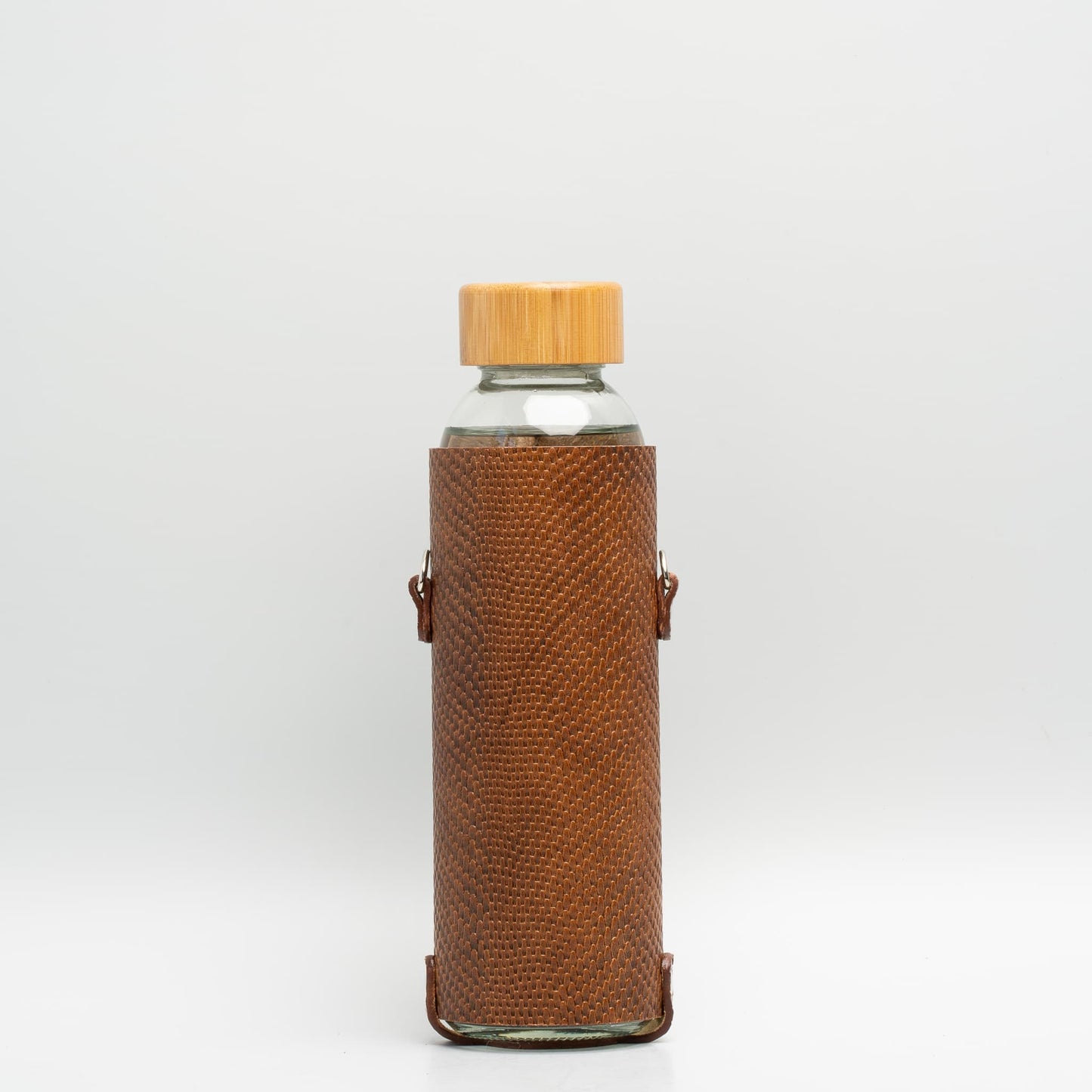 Leather water bottle holder with strap and glass bottle-2