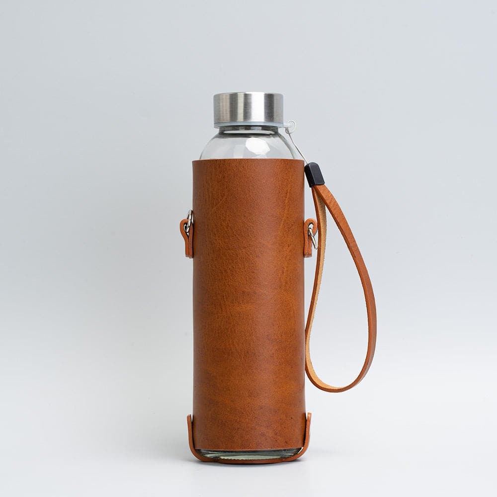 Leather water bottle holder with strap and glass bottle-7