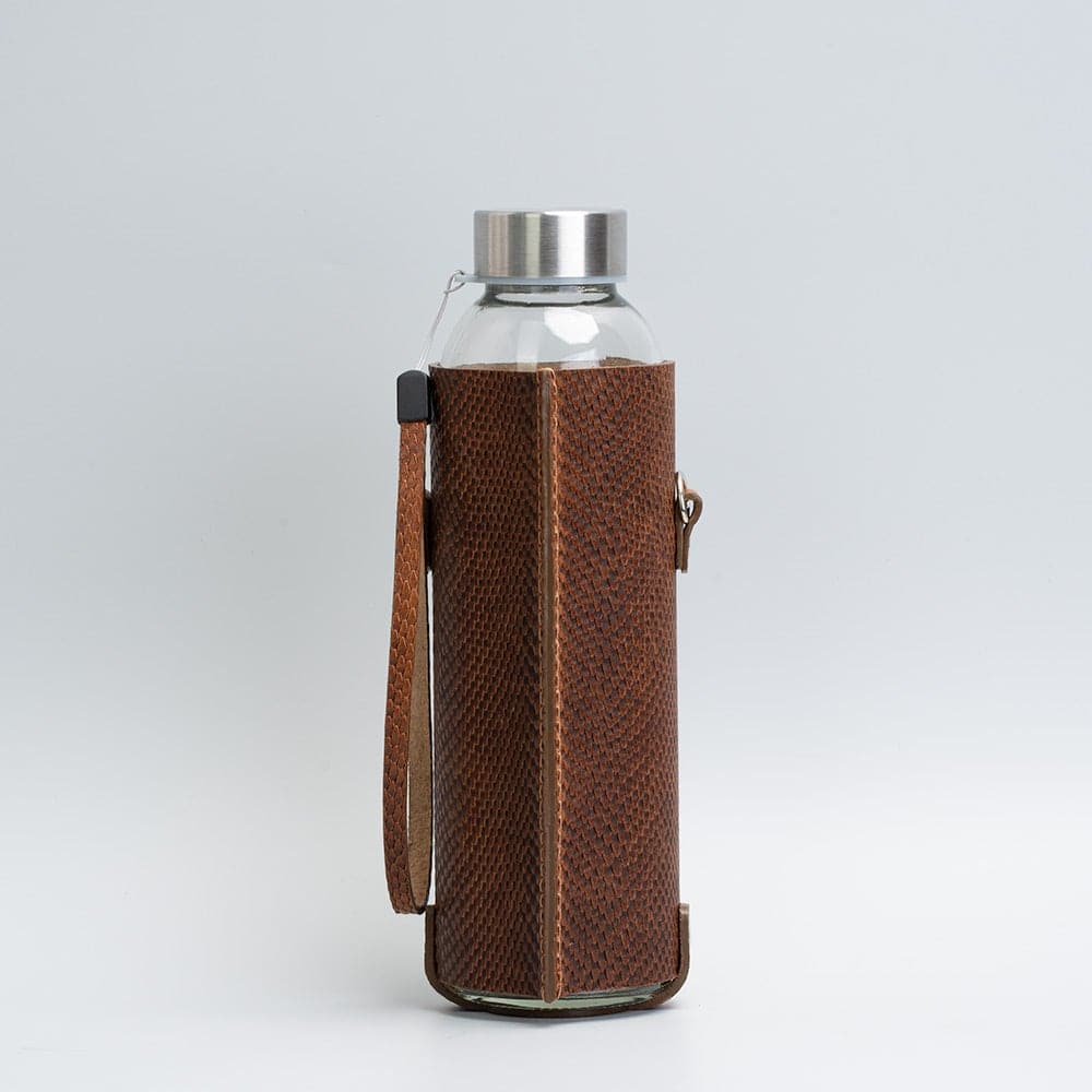 Leather water bottle holder with strap and glass bottle-9