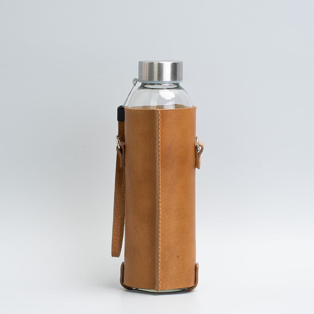 Leather water bottle holder with strap and glass bottle-6