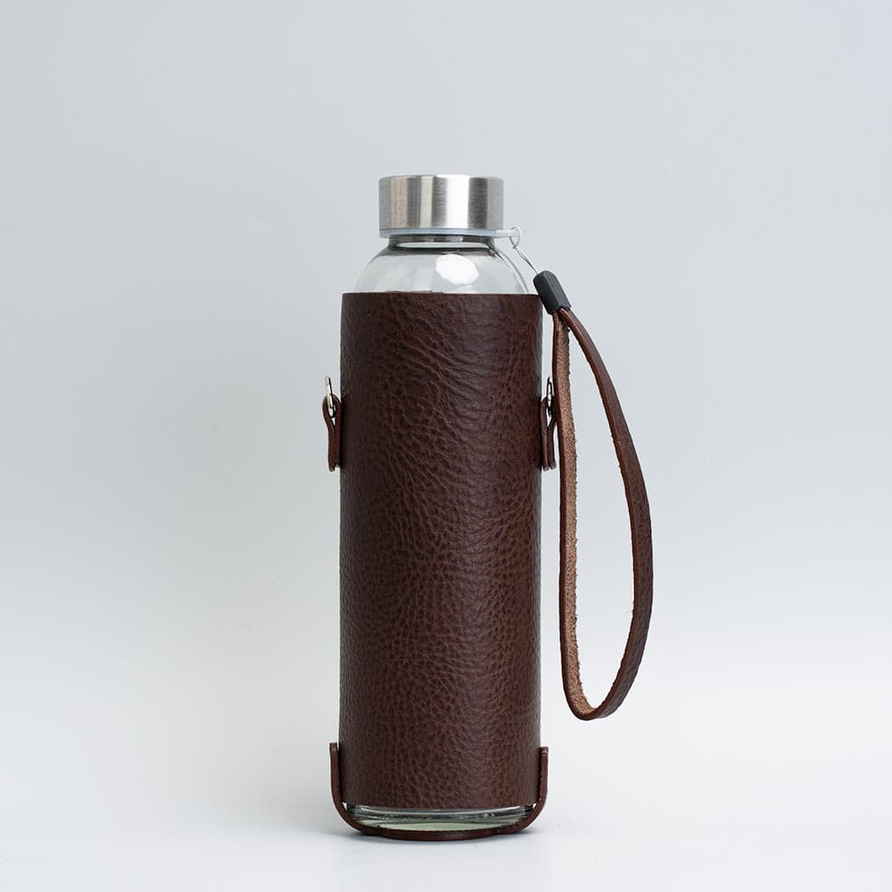 Leather water bottle holder with strap and glass bottle-8